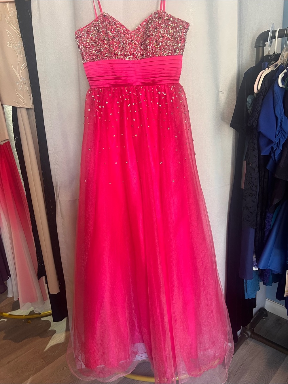 Dave & Johnny Hot Pink Beaded Tulle Prom Dress